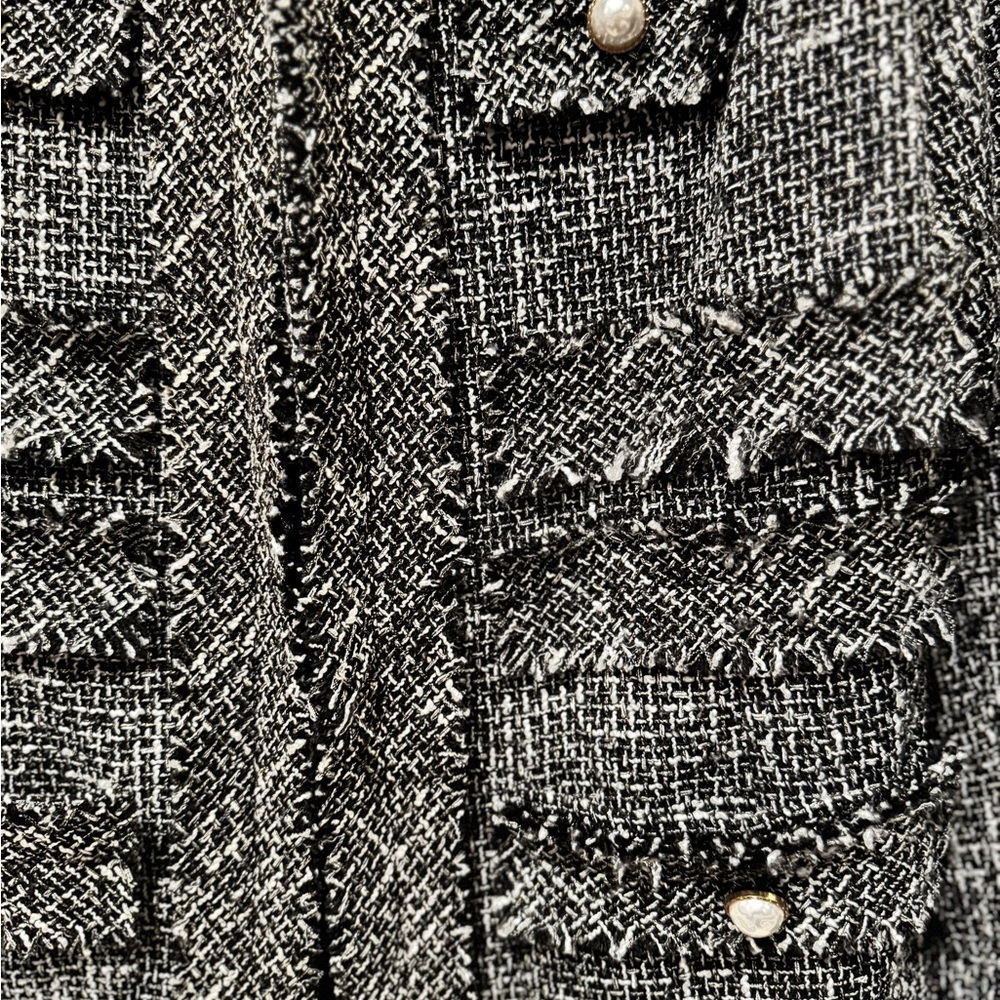 Momoco Black White Tweed Check Long Overcoat Fringe Pearl Buttons Size 38 - Picture 2 of 11